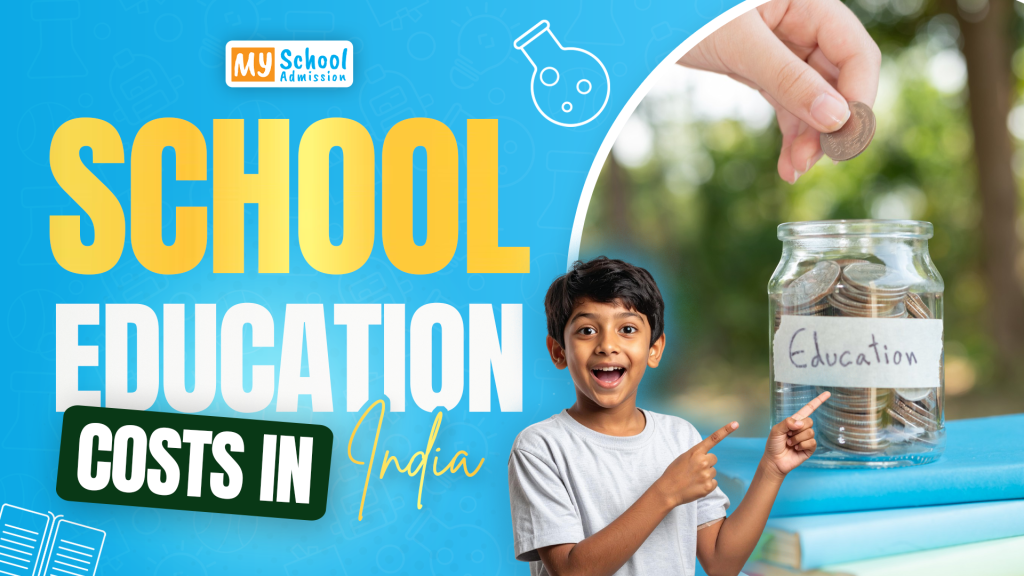 School education costs in India with a child and savings jar.