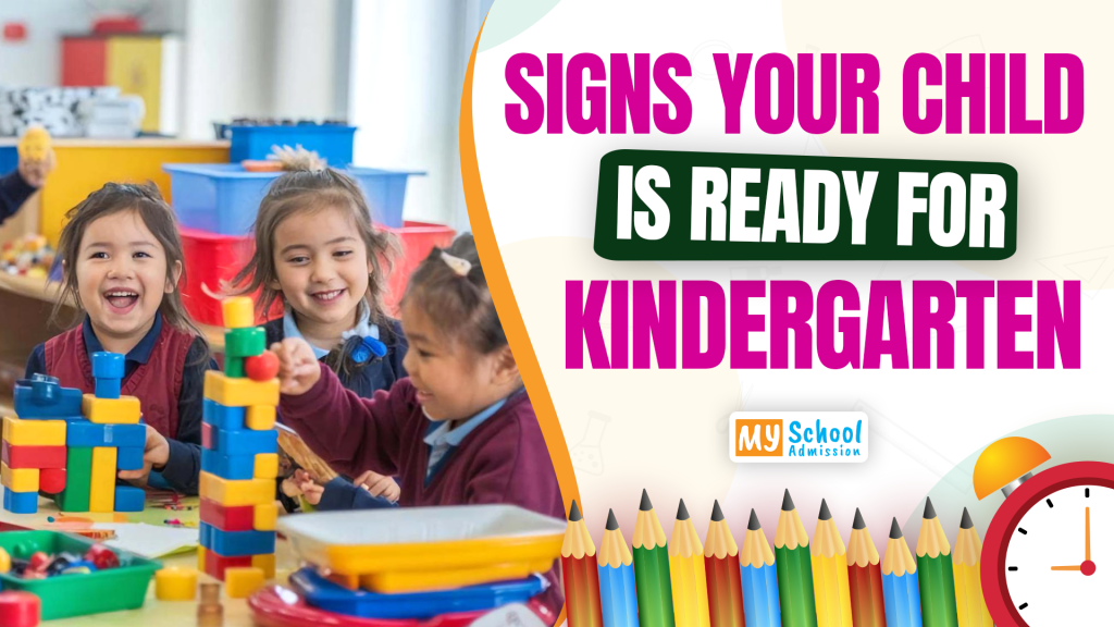 Children playing with blocks in a classroom with a banner about signs of kindergarten readiness