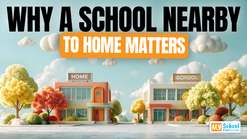 Illustration of a home and school located close to each other, highlighting the benefits of choosing a nearby school.