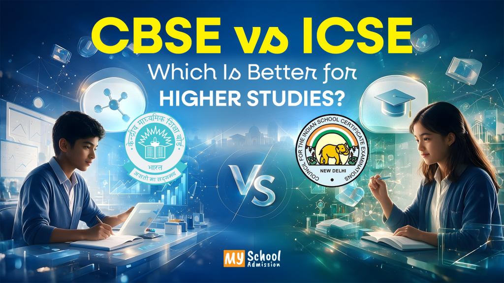 CBSE vs ICSE comparison graphic showing students, board logos, and higher education themes.