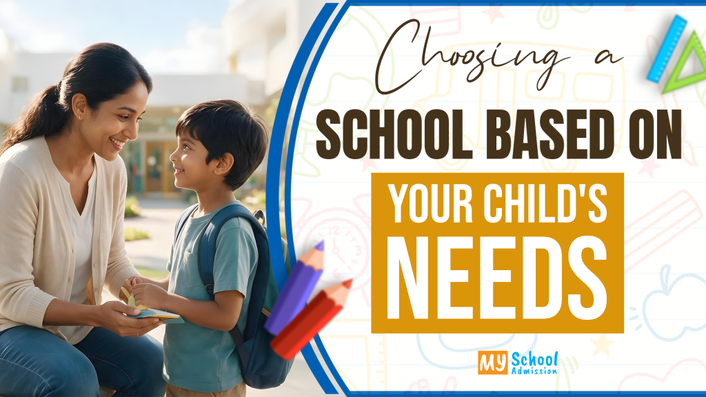 A mother and child standing together outside a school, representing choosing a school based on a child’s individual needs.