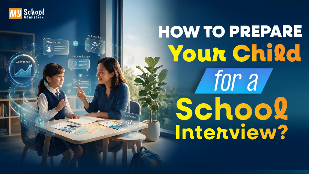 A parent helping a young child prepare for a school interview through conversation and learning activities, with visuals representing confidence and communication skills.