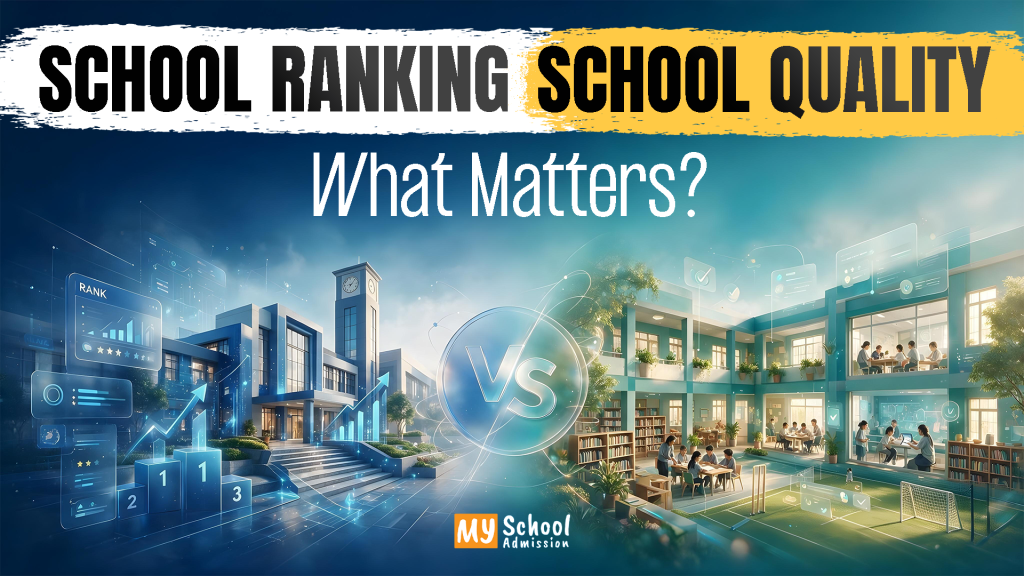 Graphic comparing school ranking and school quality, showing two school campuses with ranking indicators, classrooms, libraries, and student facilities.